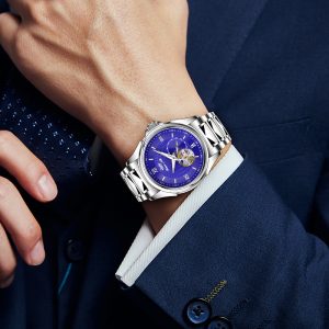 Blue Dial Skeleton Automatic Watch Ideal Gift for Him Office Evening Wear