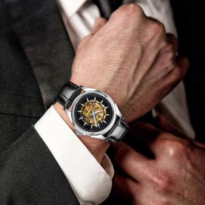 Elegant Mechanical Skeleton Watch Sapphire Crystal Leather Strap for Business Style