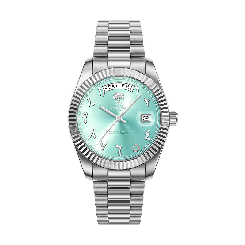Men's day-date watch with fluted bezel and mint green dial