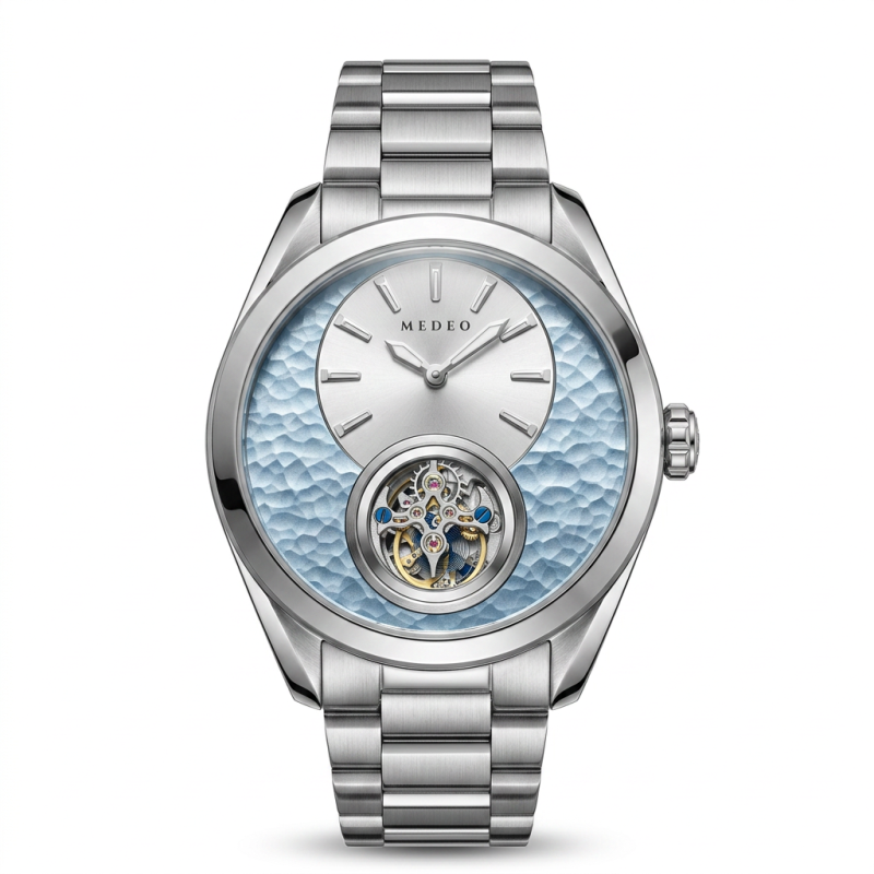 MEDEO MD913G open-heart automatic watch, hammered two-tone dial front view