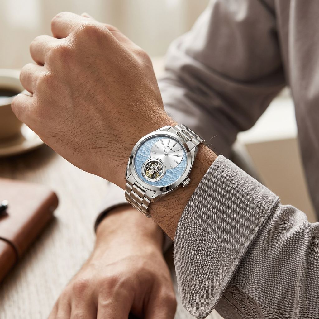 firefly gemini flash close up lifestyle photo of a man's wrist wearing a silver stainless steel automatic 457234