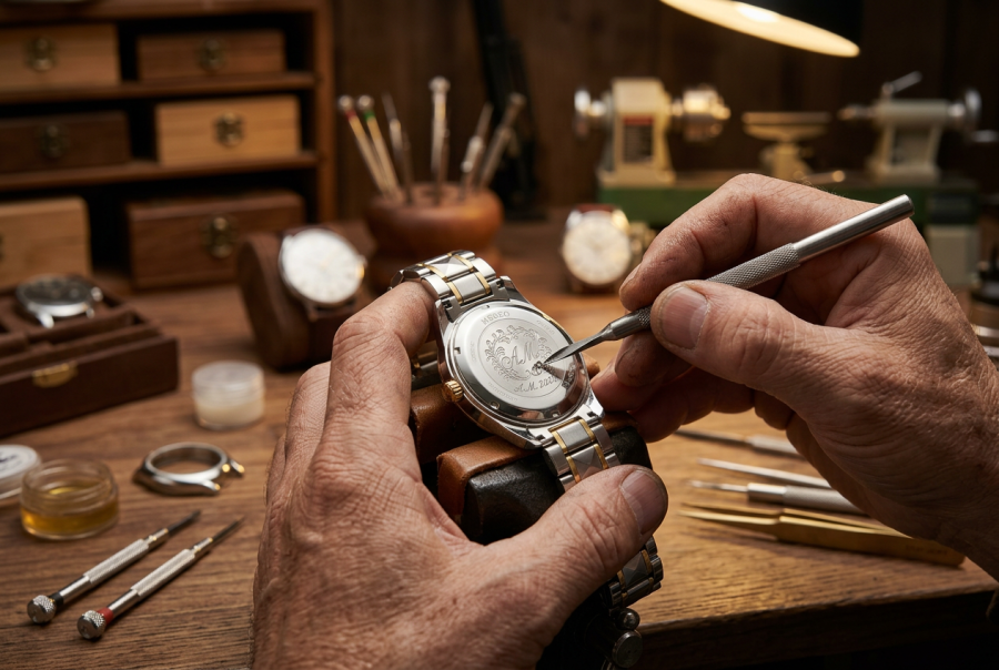 firefly gemini flash close up of a craftsman's hands engraving a personalized design onto a watch case, fi 526926