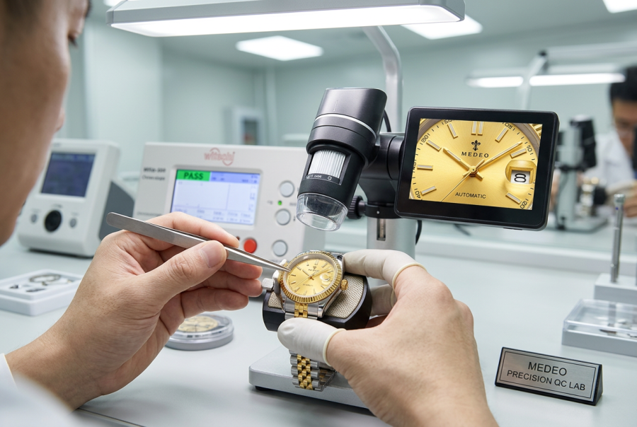 firefly gemini flash close up of a quality control inspector examining a finished wristwatch with testing 