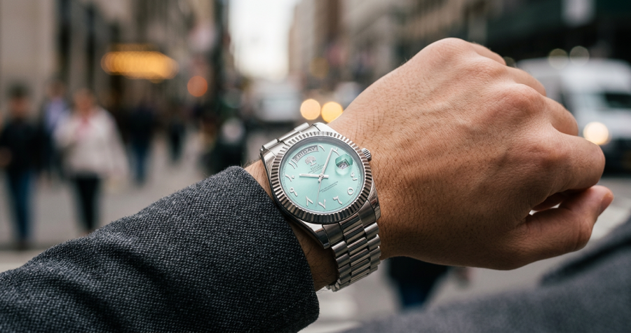 firefly gemini flash close up of a wristwatch on a person's wrist, blurred city street in the background, 526926