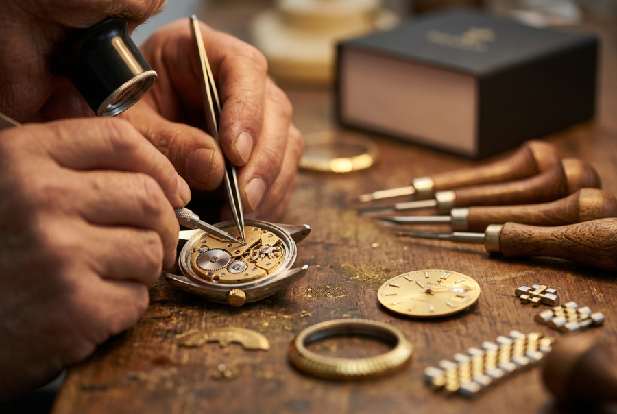 firefly gemini flash close up of an artisan's hands working on a watch movement under a magnifying loupe, 