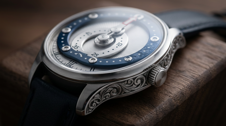 firefly gemini flash close up of an unbranded luxury watch case showing engraving detail and a customizabl 598830