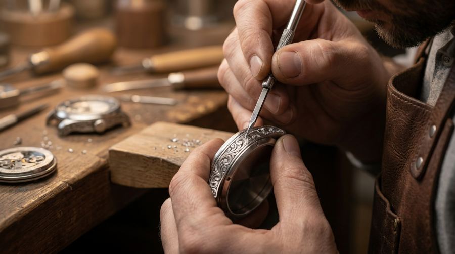 firefly gemini flash close up of hands using fine engraving tools to customize a watch case and dial, macr 856749