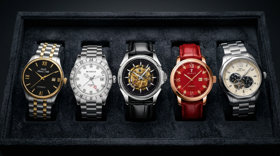 firefly gemini flash elegant display of five different luxury mechanical watches arranged on a velvet tray 598830 (1)