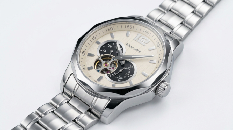 firefly gemini flash elegant unisex quartz wristwatch on a clean white background, polished stainless stee 598830