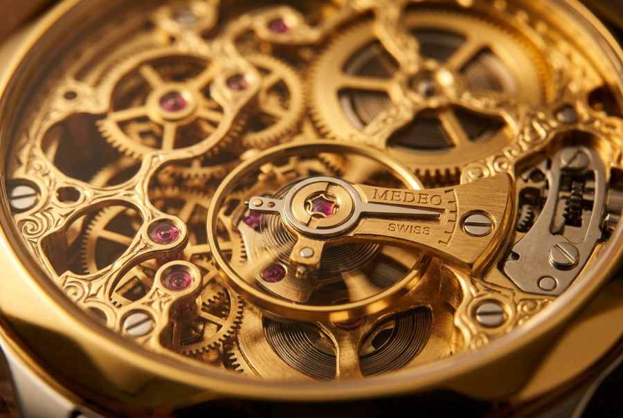 firefly gemini flash extreme macro shot of a skeleton watch movement with gears in motion, warm golden lig 526926