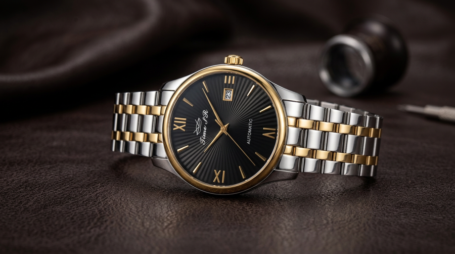 firefly gemini flash luxury mechanical wristwatch on a dark leather surface, polished steel case, sunburst 598830