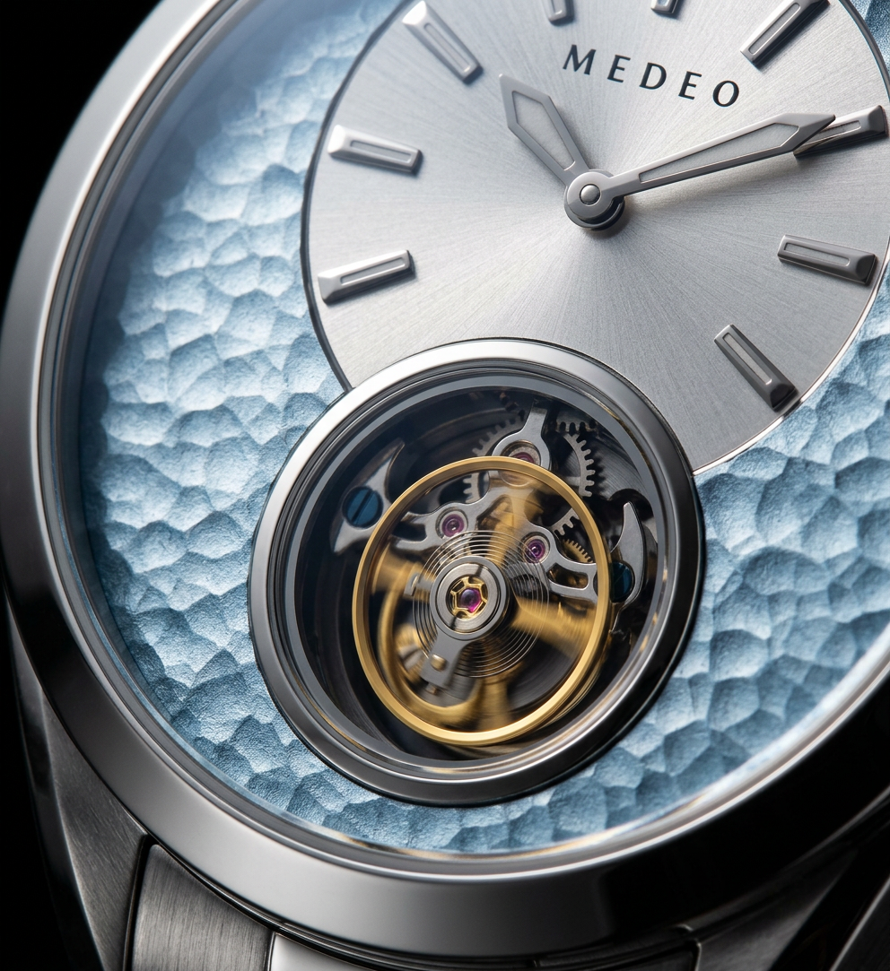 firefly gemini flash macro close up photograph of a watch dial, hammered texture two tone dial in light bl 457234