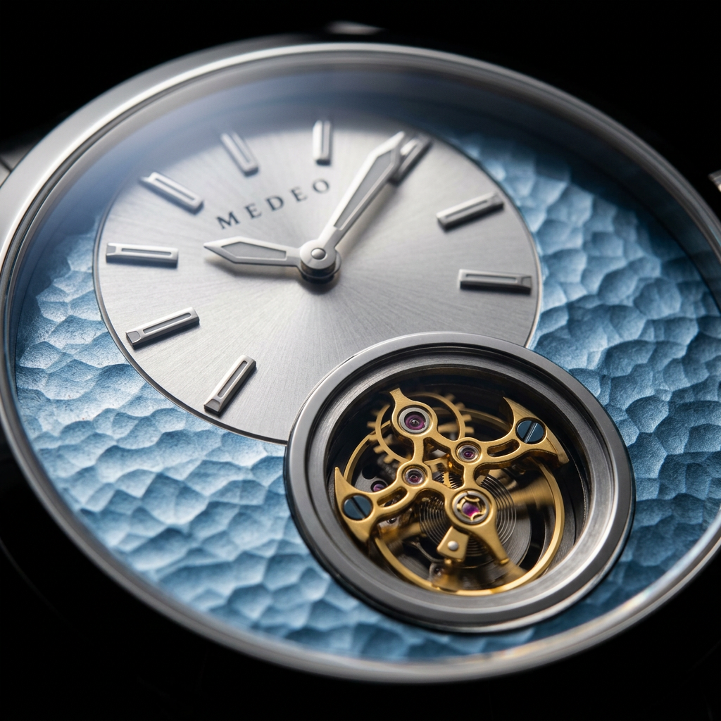 firefly gemini flash macro close up photograph of a watch dial, hammered texture two tone dial in light bl 57258