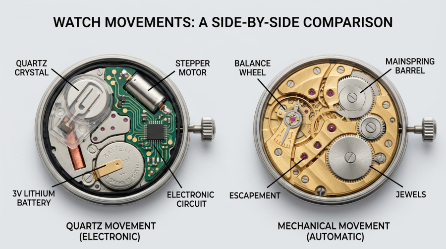 2025 Watch Industry Trends Reshaping The Market firefly gemini flash side by side comparison of an open quartz watch movement and a mechanical watch movem 856749