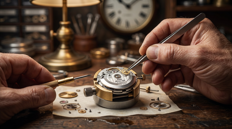 firefly gemini flash watchmaker's hands using tiny precision tools to assemble a watch movement, macro pho 598830