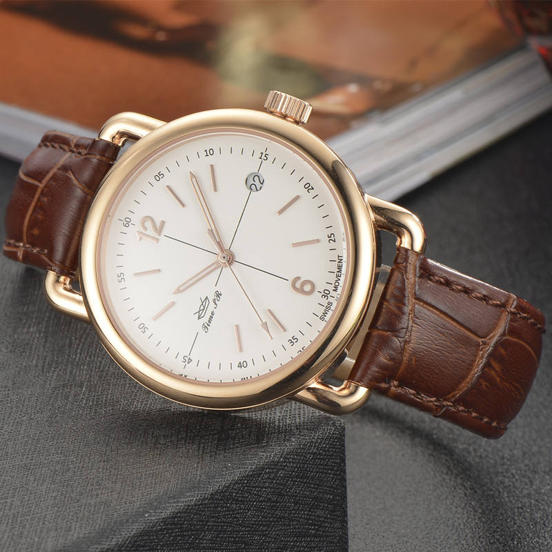 Men's quartz watch white dial brown leather strap